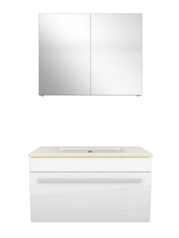 AcquaVapore Badmöbel-Set Badmöbel Set Gently 3 V1 Weiß MDF Waschtisch 70cm 5W LED / Energiebox, (inklusive Duschwanne), Integrierte Lampe, Integrierte Steckdose, Spiegel, Höhenverstellbar, L von AcquaVapore