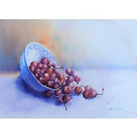 Kirschen Schale Original Aquarell, Stillleben Malerei, Obst Küche Wandkunst, Kunstwerk von AcquerelliAM