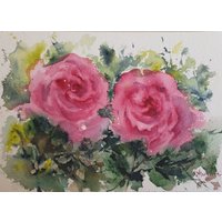 Zwei Rosa Rosen Aquarell, Blumen Original Malerei, Wand Dekor, Kunst Geschenk, Garten Kunstwerk, Erschwingliche Mama Geschenk von AcquerelliAM