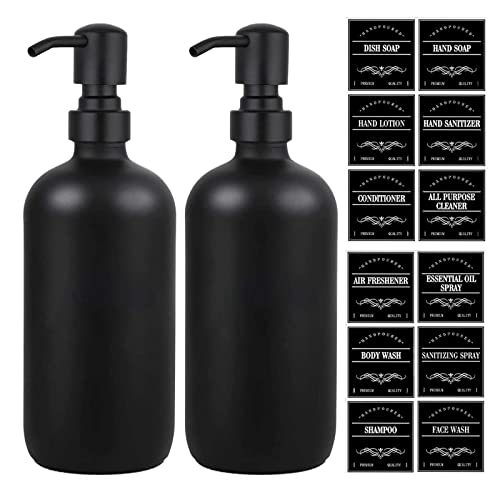 2 Stück Seifenspender Schwarz Matt,Seifenspender Küche,480ml Nachfüllbarer Seifenspender aus Glas mit Edelstahlpumpe,Enthält 12 Arten von Wasserfesten Etiketten von Acrylicc