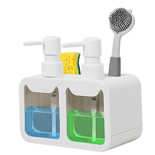 Acrylicc Spülmittelspender Küche, Flüssigseife "Hands" und "Dishes "Seifenspender und Schwamm Caddy mit Bürstenhalter 3 in 1 Arbeitsplatte Organizer für Küchenspüle, Weiß von Acrylicc