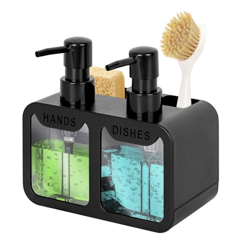 Küchenseifenspender, Hand- und Spülseifenspender und Schwammbehälter mit Bürstenhalter, 3-in-1-Arbeitsplatten-Organizer für Küchenspüle, Schwarz von Acrylicc