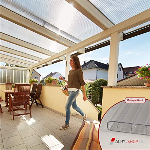 Acrylshop24 Terrassendach Terrassenüberdachung Carport Komplettset Polycarbonat 16mm 3-Fach Stegplatten farblos klar 16mm Stegplatten Tiefe:3000mm|Breite:4100mm - Mehrere Maße verfügbar von Acrylshop24