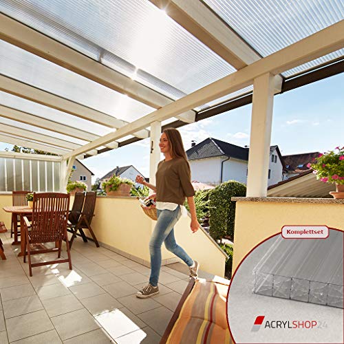 Acrylshop24 Terrassendach Terrassenüberdachung Carport Komplettset Polycarbonat 16mm X-Struktur Stegplatten farblos 16mm Stegplatten Tiefe:3500mm|Breite:6120mm - Mehrere Maße verfügbar von Acrylshop24