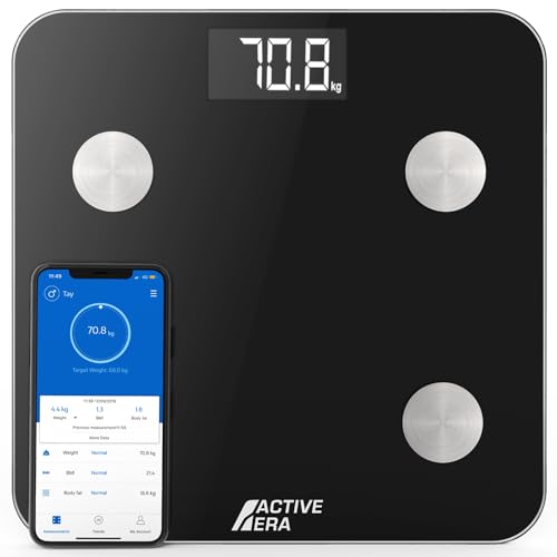 ACTIVE ERA Körperfettwaage - Digitale Personenwaage mit App - Smart Bluetooth Waage für Körperanalyse - Körperfett, BMI, Gewicht (max. 180 kg), Muskelmasse, Wasser, Protein, Knochengewicht - Schwarz von Active Era