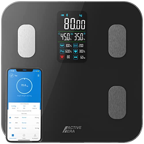 Active Era Bluetooth Personenwaage digital mit großem LED Display - Bluetooth Körperfettwaage mit 16 Messungen, hoch präzises Körpergwicht, Body-Mass-Index (BMI), Freie Smartphone App (Schwarz) von Active Era