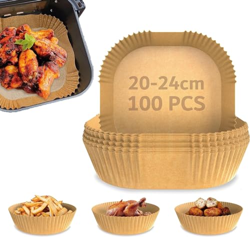 Backpapier für Heißluftfritteuse. 100 Stück 20-24 cm Airfryer Backpapier Rund Extra Dick Antihaft und Wasserdicht zubehör heißluftfritteuse, heißluftfritteuse backpapier BPA-frei von ActivoTex