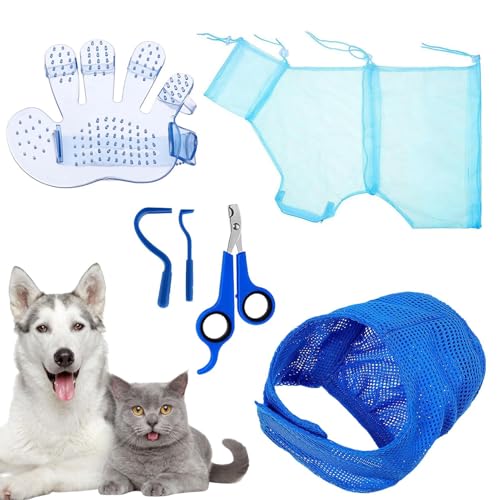 Acunny Katzenpflegeset - 5 Teile Haustierpflegeset Katzen Dusch Netzbeutel | Atmungsaktive Krallenpflege Mit Zeckenentferner Krallenschere Verstellbare Badezubehör Für Haustiere von Acunny