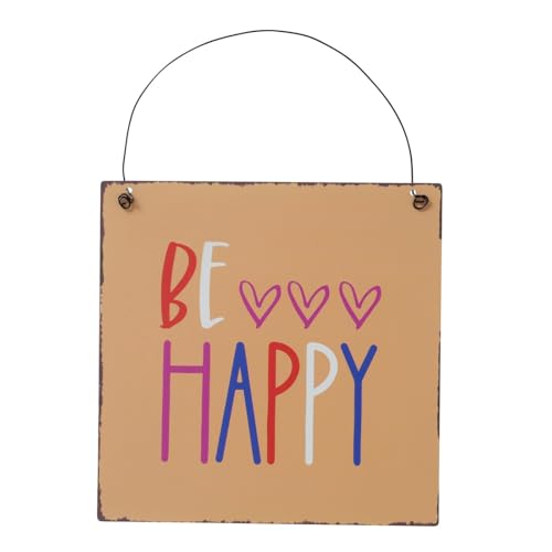 Boltze Blechschilder mit Sprüchen, Boltze Home, Deko Schild Blechschild mit Spruch "Be Happy" 17x17cm Deko für Terasse Balkon Garten Metallschild mit Henkel zum Aufhängen Deko Geschenk von Acura-Styles