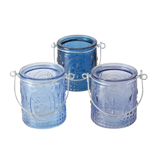 Boltze Home Windlicht Teelichthalter Kerzenhalter Blau Hellblau Dunkelblau Set 3 STK. Gläser Glas Laterne Outdoor mit Metall Henkel Höhe 7cm Tischdeko Fensterdeko zum Aufhängen Geschenk Mitbringsel von Acura-Styles