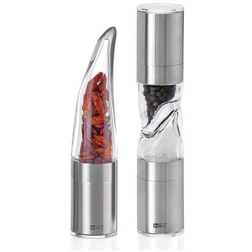 AdHoc Geschenkset Groß: Chilischneider Pepe & Doppelmühle Duomill Pure – Manuelle Chilimühle mit Edelstahl-SchneidWerk & stilvolle Salz- und Pfeffermühle im passenden Design für Genießer von AdHoc