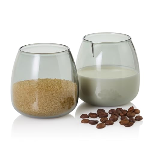 AdHoc MZ01 Set Milchkännchen und Zuckerdose YUNA | Premium Set für Tee oder Kaffee aus Borosilikatglas | mundgeblasene Unikate im skandinavischen Design | Glas in Rauchgrau von AdHoc