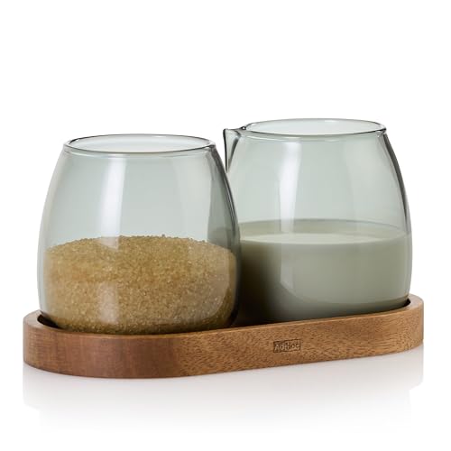 AdHoc MZ02 Set Milchkännchen und Zuckerdose mit Untersetzer YUNA | Premium Set für Tee oder Kaffee aus Borosilikatglas | mundgeblasene Unikate im skandinavischen Design | Glas in Rauchgrau & Holz von AdHoc