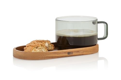 AdHoc TK84 Impact Kaffeeglas 300 ml mit Untersetzer aus Akazienholz, mundgeblasenes Borosilikatglas, hitzebeständig & geschmacksneutral, elegantes Design-Unikat für Kaffee & Tee von AdHoc
