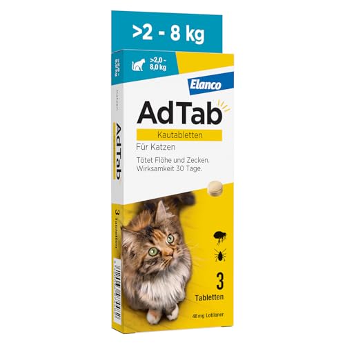 AdTab Floh- und Zeckenschutz für Katzen von über 2 bis 8 kg, Kautablette gegen Zecken und Flöhe, Schutz und Behandlung für 1 Monat, einfach zu verabreichen (3 St. pro Packung) von AdTab