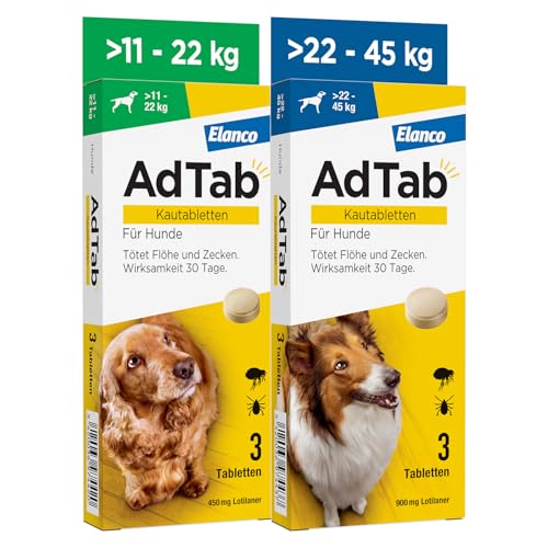 AdTab Kombi-Set: Zecken- & Flohschutz für 2 Hunde in verschiedenen Größen (>11-22 kg & >22-45 kg), 2 Packungen mit je 3 Kautabletten, einfach zu verabreichen & schmackhaft von AdTab