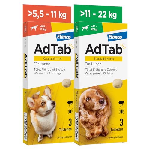 AdTab Kombi-Set: Zecken- & Flohschutz für 2 Hunde in verschiedenen Größen (>5,5-11 kg & >11-22 kg), 2 Packungen mit je 3 Kautabletten, einfach zu verabreichen & schmackhaft von AdTab