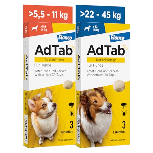 AdTab Kombi-Set: Zecken- & Flohschutz für 2 Hunde in verschiedenen Größen (>5,5-11 kg & >22-45 kg), 2 Packungen mit je 3 Kautabletten, einfach zu verabreichen & schmackhaft von AdTab