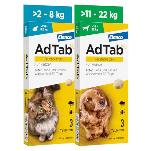 AdTab Kombi-Set: Zecken- & Flohschutz für eine Katze mit >2-8 kg und einen Hund mit >11-22, 2 Packungen mit je 3 Kautabletten, einfach zu verabreichen & schmackhaft AdTab Kombi-Set: Zecken- & Flohschutz für eine Katze mit >2-8 kg und einen Hund mit >11-22, 2 Packungen mit je 3 Kautabletten, einfach zu verabreichen & schmackhaft von AdTab