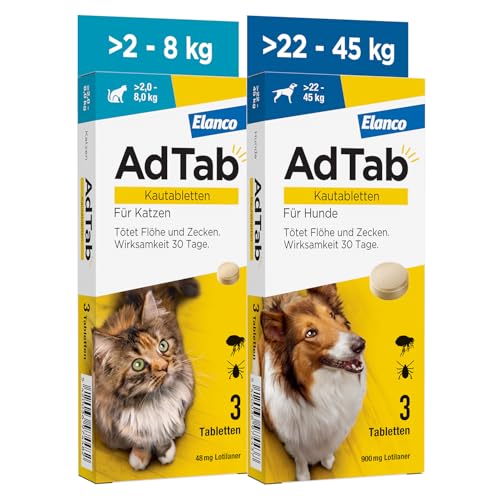AdTab Kombi-Set: Zecken- & Flohschutz für eine Katze mit >2-8 kg und einen Hund mit >22-45, 2 Packungen mit je 3 Kautabletten, einfach zu verabreichen & schmackhaft von AdTab