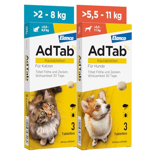 AdTab Kombi-Set: Zecken- & Flohschutz für eine Katze mit >2-8 kg und einen Hund mit >5,5-11, 2 Packungen mit je 3 Kautabletten, einfach zu verabreichen & schmackhaft AdTab Kombi-Set: Zecken- & Flohschutz für eine Katze mit >2-8 kg und einen Hund mit >5,5-11, 2 Packungen mit je 3 Kautabletten, einfach zu verabreichen & schmackhaft von AdTab