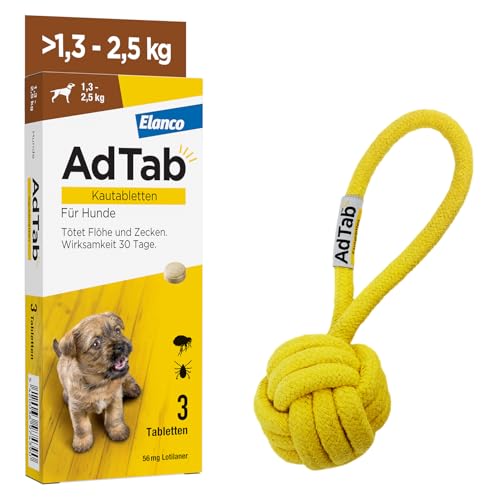 AdTab Promo-Set: Hunde Zecken- und Flohschutz (über 1,3 bis 2,5 kg) mit Wurfball, Kautablette tötet Zecken und Flöhe schnell ab und schützt einen Monat lang, 3 Kautabletten von AdTab