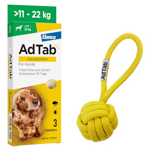 AdTab Promo-Set: Hunde Zecken- und Flohschutz (über 11 bis 22 kg) mit Wurfball, Kautablette tötet Zecken und Flöhe schnell ab und schützt einen Monat lang, 3 Kautabletten von AdTab