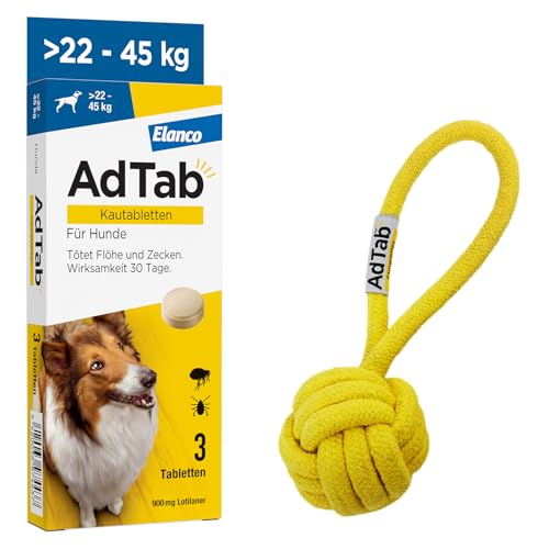 AdTab Promo-Set: Hunde Zecken- und Flohschutz (über 22 bis 45 kg) mit Wurfball, Kautablette tötet Zecken und Flöhe schnell ab und schützt einen Monat lang, 3 Kautabletten von AdTab