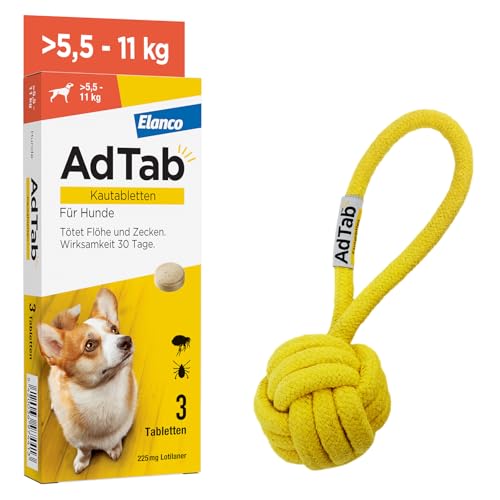 AdTab Promo-Set: Hunde Zecken- und Flohschutz (über 5,5 bis 11 kg) mit Wurfball, Kautablette tötet Zecken und Flöhe schnell ab und schützt einen Monat lang, 3 Kautabletten von AdTab