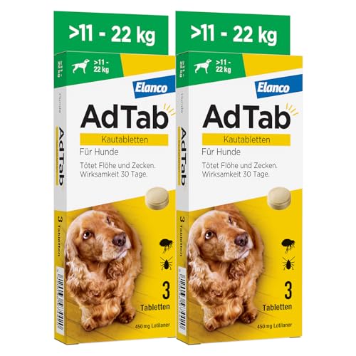 Sparset: Doppelpack AdTab Hunde Zecken- und Flohschutz (> 11 bis 22 kg), Kautablette tötet Zecken und Flöhe schnell ab und schützt einen Monat lang, leicht zu verabreichen (3 St. pro Packung) von AdTab