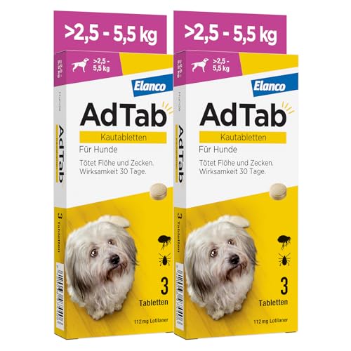 Sparset: Doppelpack AdTab Hunde Zecken- und Flohschutz (> 2,5 bis 5,5 kg), Kautablette tötet Zecken und Flöhe schnell ab und schützt einen Monat lang, leicht zu verabreichen (3 St. pro Packung) von AdTab