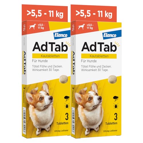 Sparset: Doppelpack AdTab Hunde Zecken- und Flohschutz (> 5,5 bis 11 kg), Kautablette tötet Zecken und Flöhe schnell ab und schützt einen Monat lang, leicht zu verabreichen (3 St. pro Packung) von AdTab