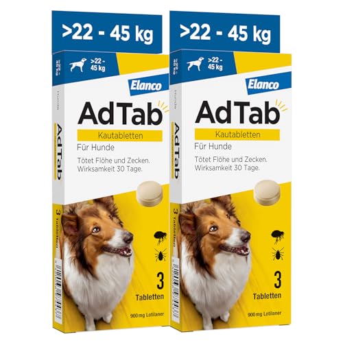Sparset: Doppelpack AdTab Hunde Zecken- und Flohschutz (> 22 bis 45 kg), Kautablette tötet Zecken und Flöhe schnell ab und schützt einen Monat lang, leicht zu verabreichen (3 St. pro Packung) von AdTab