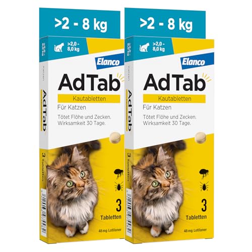 Sparset: Doppelpackung AdTab Floh- und Zeckenschutz für Katzen von über 2 bis 8 kg, Kautablette gegen Zecken und Flöhe, Schutz und Behandlung für 1 Monat, einfach zu verabreichen (3 St. pro Packung) von AdTab
