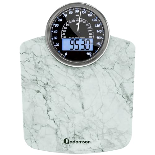 Adamson Hybrid + 2-in-1 Digitale & Analoge Körperwaage bis 180 kg + Dickes Hartglas + Extra Große Anzeige + Einfach Ablesbare Digitale Personenwaage+ NEU + Marmor Weiß von Adamson