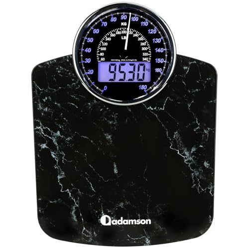 Adamson Hybrid + 2-in-1 Digitale & Analoge Körperwaage bis 180 kg + Dickes Hartglas + Extra Große Anzeige + Einfach Ablesbare Digitale Personenwaage+ NEU 2024 + Marmor Schwarz von Adamson