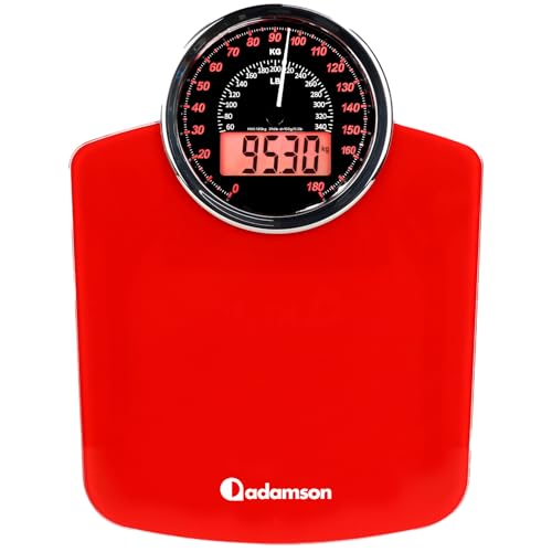 Adamson Hybrid + 2-in-1 Digitale & Analoge Körperwaage bis 180 kg + Dickes Hartglas + Extra Große Anzeige + Einfach Ablesbare Digitale Personenwaage+ NEU 2024 + Rot von Adamson