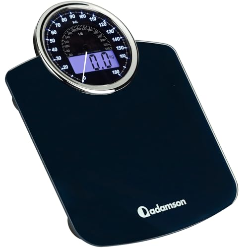 Adamson Hybrid 2-in-1 Digitale & Analoge Körperwaage bis 180 kg + Dickes Hartglas + Extra Große Anzeige + Einfach Ablesbare Digitale Personenwaage + NEU von Adamson