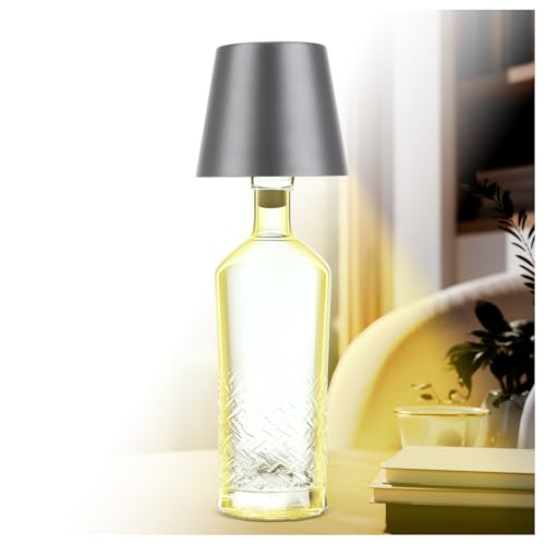 AddLiving LED Flaschenlampe | Akku-Lampe mit Touch-Funktion | Nachttischlampe dimmbar | Lampenschirm | 3 Lichtfarben | 56 LEDs | Wetterfest IP44 | Bottle Light | Inkl. 3 Flaschenaufsätze (Grau) von AddLiving