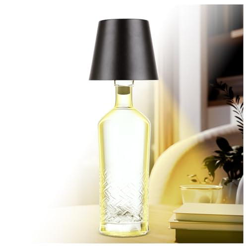 AddLiving LED Flaschenlampe | Akku-Lampe mit Touch-Funktion | Nachttischlampe dimmbar | Lampenschirm | 3 Lichtfarben | 56 LEDs | Wetterfest IP44 | Bottle Light | Inkl. 3 Flaschenaufsätze (Schwarz) von AddLiving