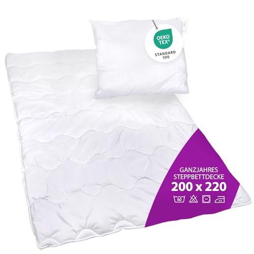 AddLiving Premium Steppbettdecke & Kopfkissen Bettenset Für Allergiker Waschbar Ganzjahresdecke Vierjahreszeiten-Bett mit Klimafaser Steppdecke (220 x 200cm) von AddLiving
