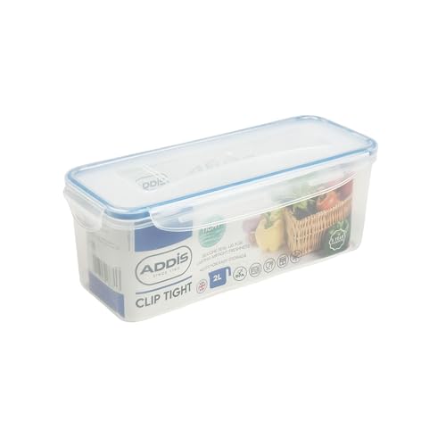 Addis Frischhaltedose mit Clip, 2 Liter, schmal, rechteckig, luftdicht, Silikondichtung, BPA-frei, leicht verschließbare Deckelclips, transparent von Addis