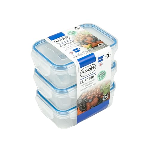 Addis Frischhaltedosen mit Clip, 240 ml, rechteckig, 3 Stück, luftdichte Behälter, BPA-frei, leicht verschließbare Deckelclips, transparent von Addis