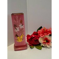 Antik Bristol Pink Glas Gold Vergoldete Florale Vase, Rosa Viktorianisch Floral Punk Satin Handbemalte Vase von AddysAtticVintage