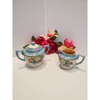 Vintage Lüsterware Blumenkännchen Und Zuckerdose, Blau Orange Lüsterware, Made in Japan, Lusterware Teaware, Serviergeschirr von AddysAtticVintage