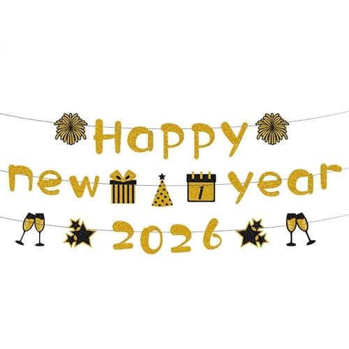 Adecortalk Happy New Year 2026 Banner Glitzer Gold Schwarz Wimpelkette Girlande für Silvester Party Lieferant Eve Party Dekorationen 2026 von Adecortalk