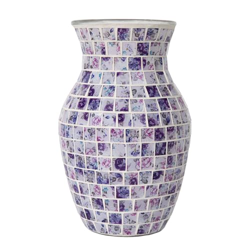 Adedeo Mosaik-Glas-Blumenvase für Heimdekoration, handgefertigte Glasvasen für Wohnzimmer, Küche, Hochzeit, Büro (lila, blau und weiß, 12,7 x 20,3 cm) von Adedeo