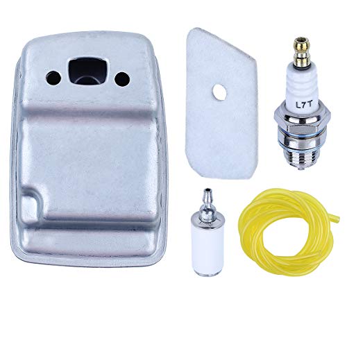 Adefol Auspuff Schalldämpfer Kit für Husqvarna 124L 125L 128C 128CD 128L 128LD mit Luftfilter Kraftstofffilter Kraftstoffleitung Zündkerze Ersatzteile 574031502, 530150253 Trimmer von Adefol