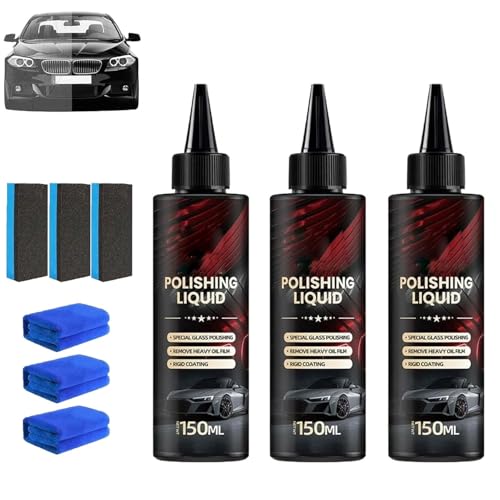 Glass Polishing Liquid, Car Glass Polishing Compound Windshield Cleaner Glasses Oil Film Remover, Anti-Fog Hydrophobic Coating Spray, Scratches, Wiper Marks & Oil Film with Sponge and Rag 150ml (3) von Aderpmin