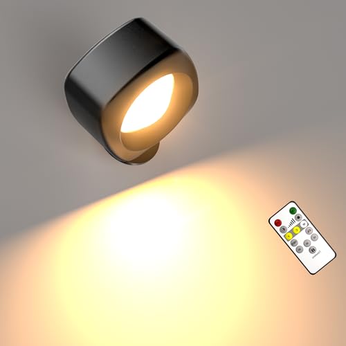 Adewalk LED Wandleuchte Kabellos mit Fernbedienung, Ohne Stromanschluss Wall Lamp mit 3 Farbtemperaturen/Dimmbar/Timer, 360° Drehbare Wandlampe Akku Innen für Wohnzimmer Schlafzimmer Flur, Schwarz von Adewalk